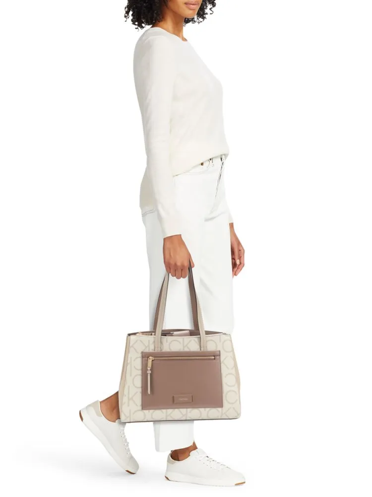 Hadley tote bag with Calvin Klein monogram, taupe